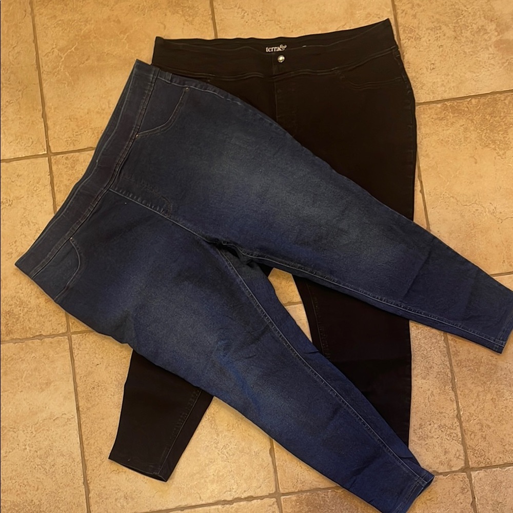 2 pairs Women's Terra & Sky Pull on Jeans - Black and Blue Size 2X